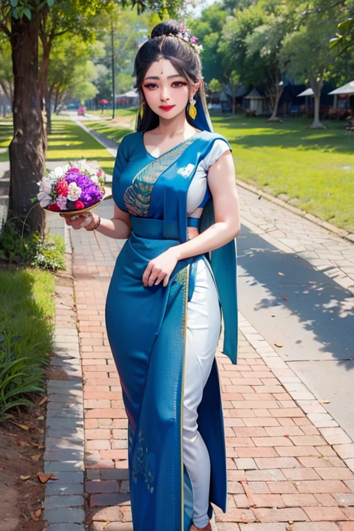 Masterpiece,Row photo, details, hyper realistic,arafed woman in a blue sari holding a plate of flowers, sukhothai costume, in style of thawan duchanee, "Loy Krathong Festival", traditional beauty, anime thai girl, south east asian with long, nivanh chanthara, traditional, thailand art, traditional art, tithi luadthong, traditional dress, traditional tai costume, traditional clothes,8K, full body shoot, lightings,so beautiful golden Temple background