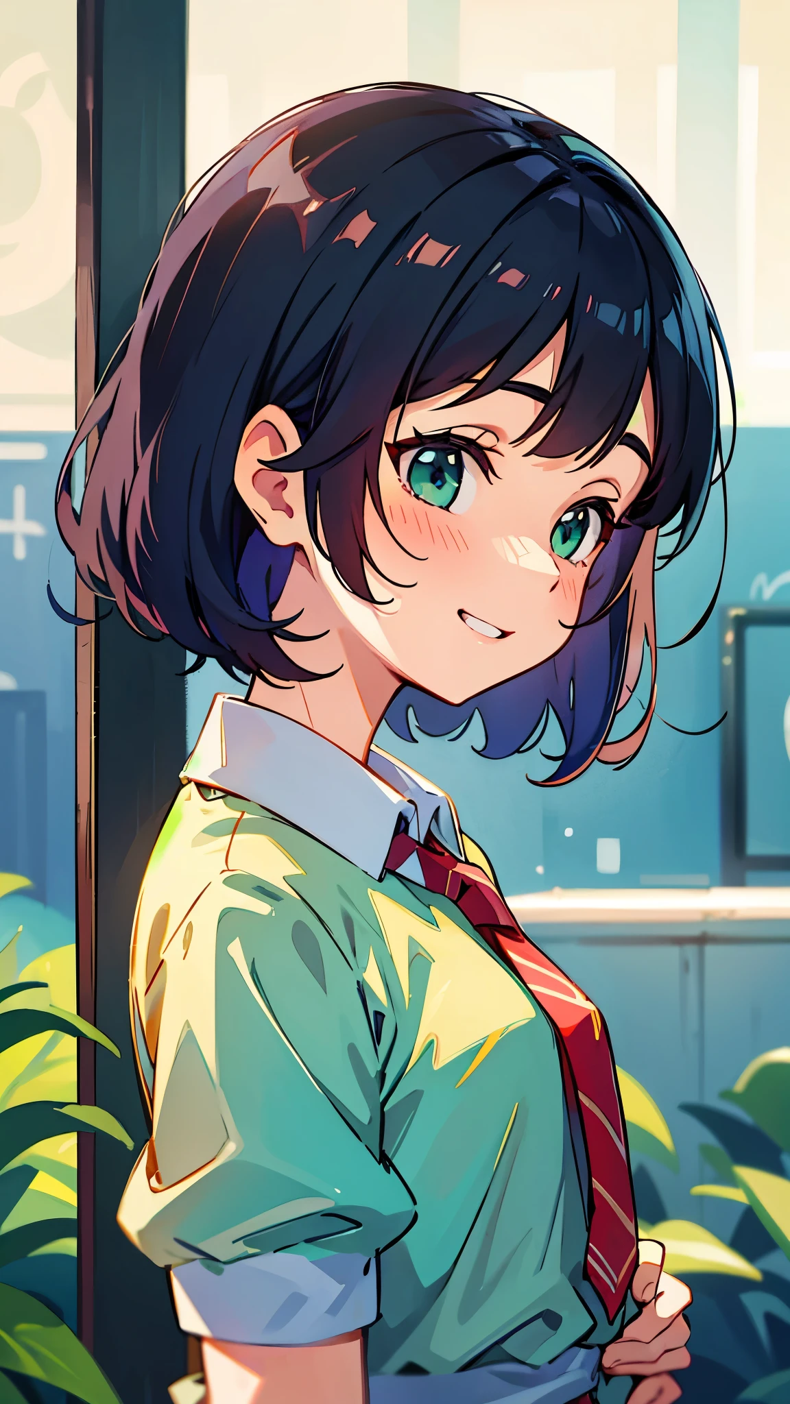 1girl、Dark blue hair、Bobcut、Beautiful green eyes、Grin、profile、Upper body close-up、Morning Cafe Terrace、Background blur, Written boundary depth
