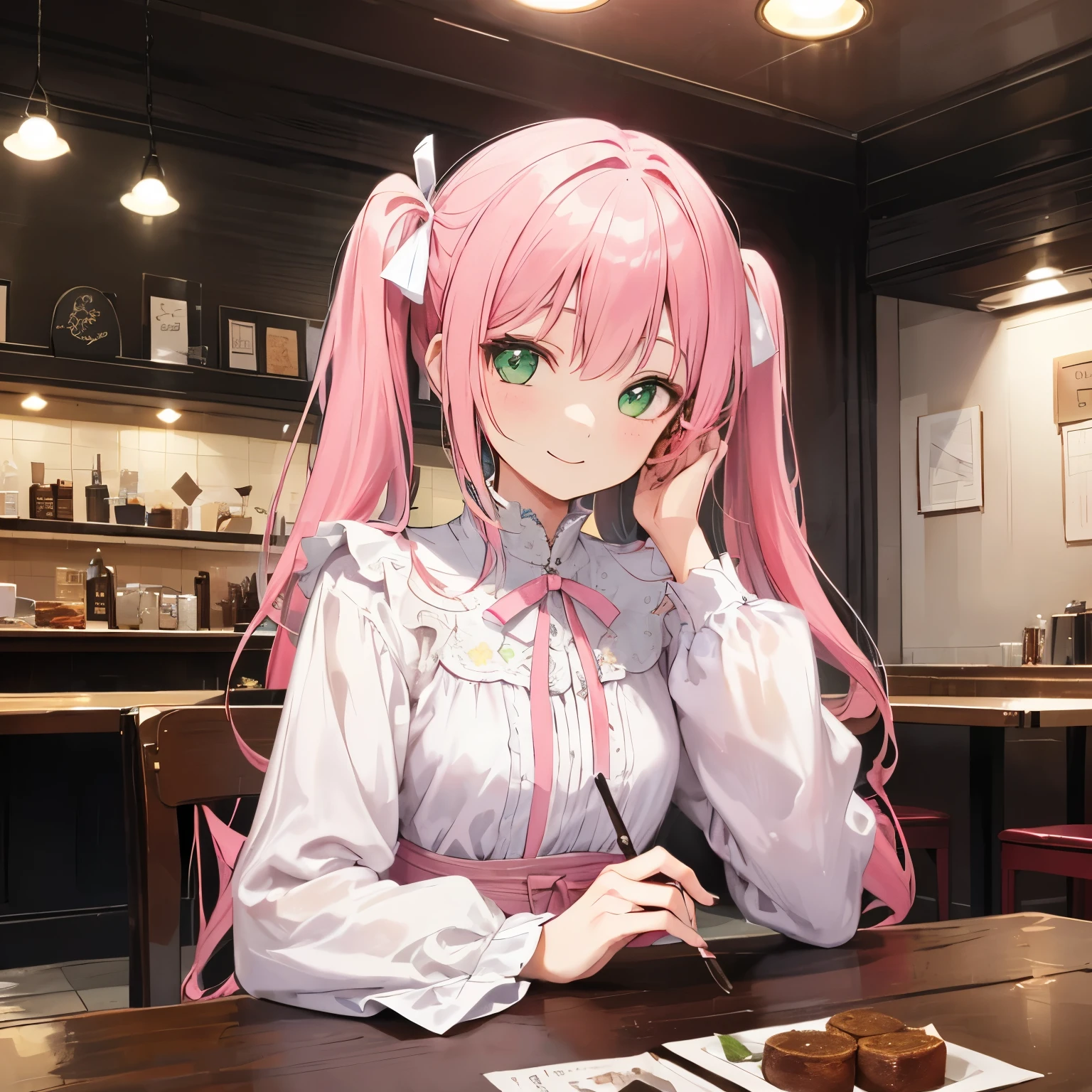 One girl,Jewel Eyes,Beautiful arrangements and motifs、Slight、Game character design、Written boundary depth , wonderful, beauty、Transparency、Game character design、(One Girl:1.0)、Pink Hair、Twin tails、(Straight Hair)、cute、Upper Body、Green Eyes、Inside the cafe、Cafe Background、Sit on a chair、Mass-produced fashion,(White and pink attire:1.2)、front、smile、Pink ribbon