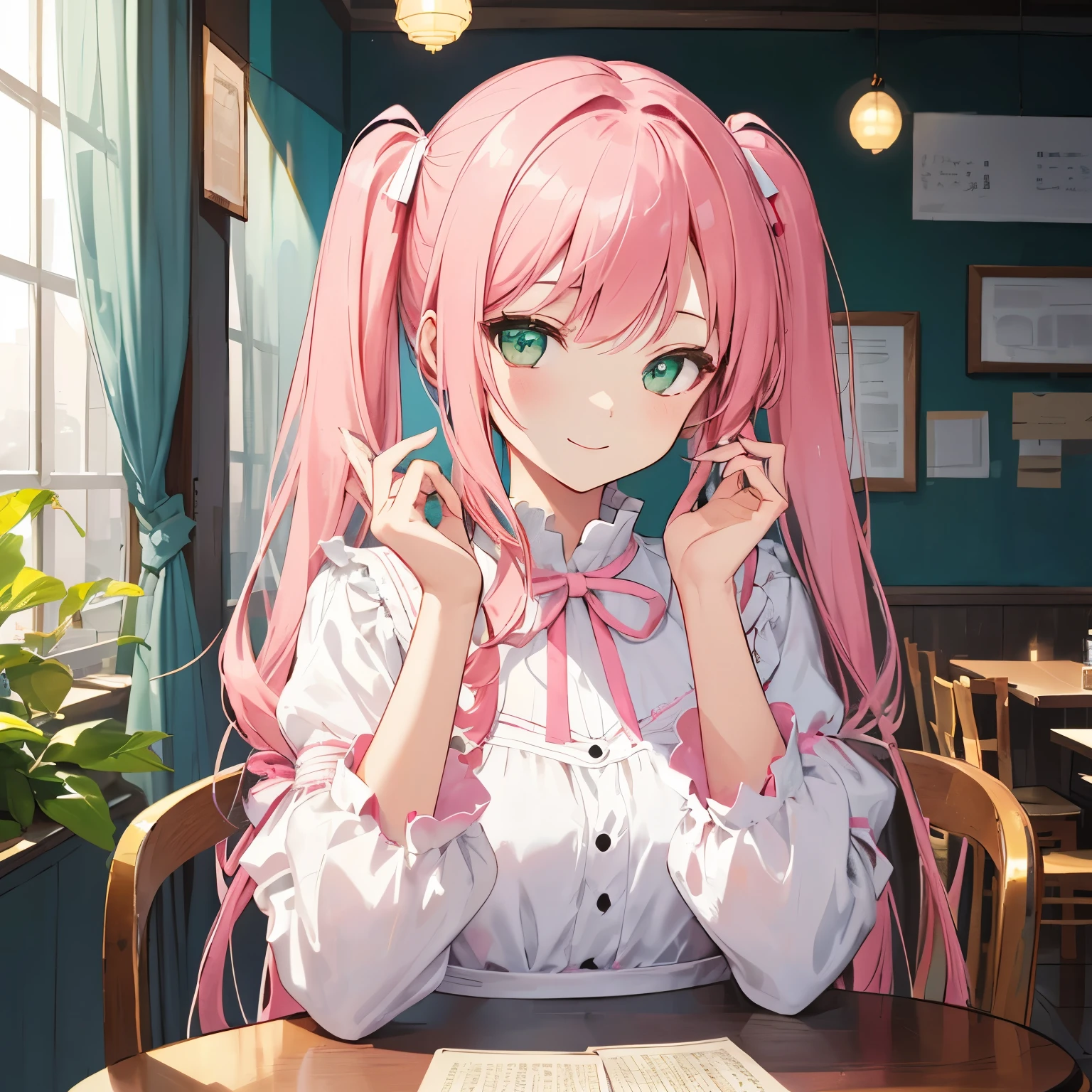 One girl,Jewel Eyes,Beautiful arrangements and motifs、Slight、Game character design、Written boundary depth , wonderful, beauty、Transparency、Game character design、(One Girl:1.0)、Pink Hair、Twin tails、(Straight Hair)、cute、Upper Body、Green Eyes、Inside the cafe、Cafe Background、Sit on a chair、Mass-produced fashion,(White and pink attire:1.2)、front、smile、Pink ribbon
