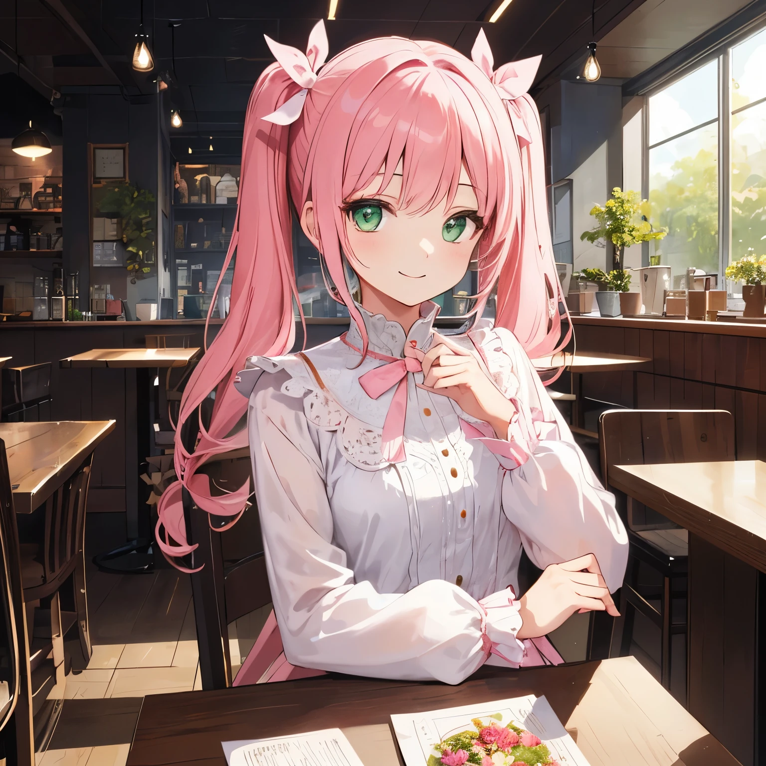 One girl,Jewel Eyes,Beautiful arrangements and motifs、Slight、Game character design、Written boundary depth , wonderful, beauty、Transparency、Game character design、(One Girl:1.0)、Pink Hair、Twin tails、(Straight Hair)、cute、Upper Body、Green Eyes、Inside the cafe、Cafe Background、Sit on a chair、Mass-produced fashion,(White and pink attire:1.2)、front、smile、Pink ribbon