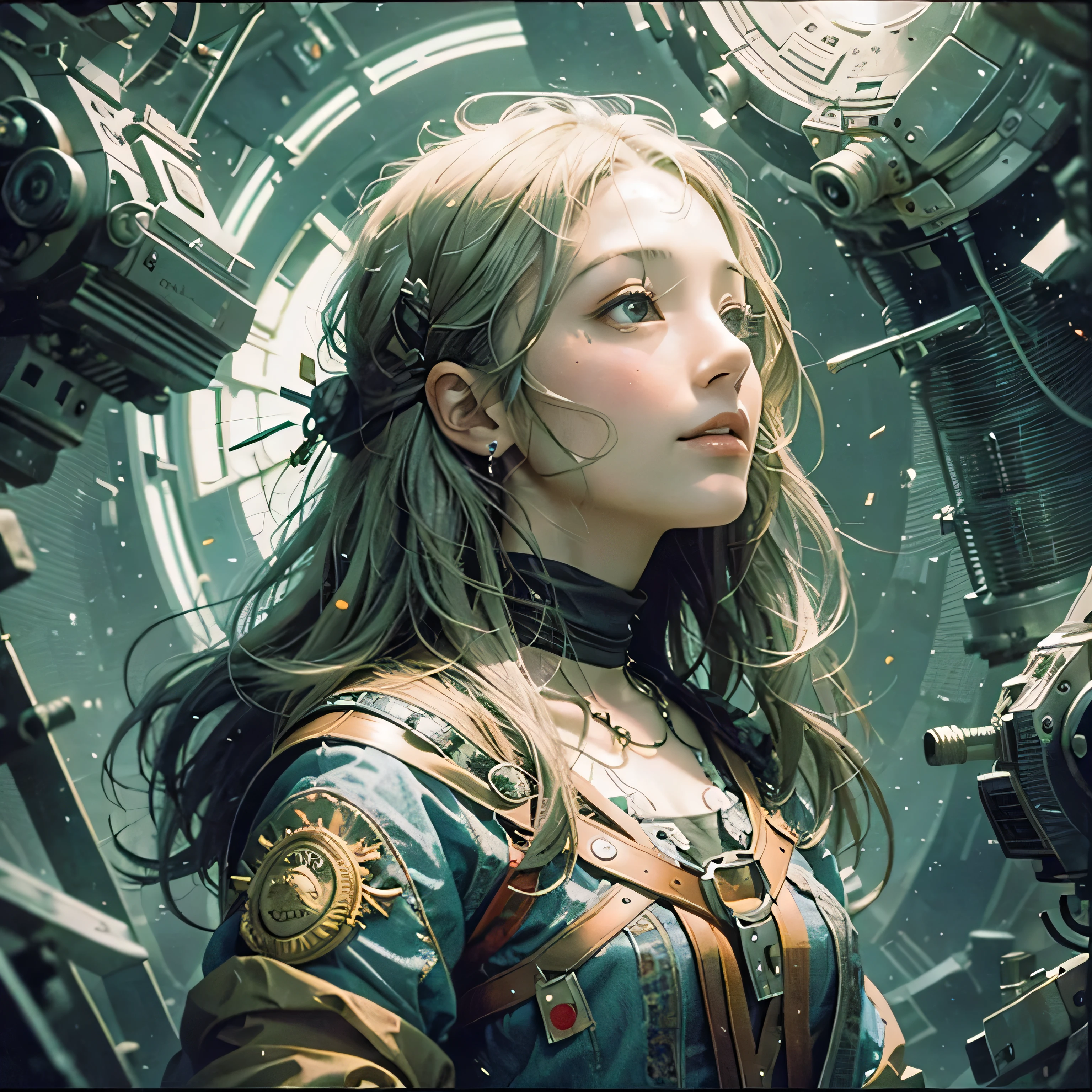 highest quality,Absurd,8k resolution,Official Art, Highly detailed CG Unity 8k wallpaper,masterpiece,(Profile picture),woman,Silver Hair,in spring，Mona Lisa  、Looking up