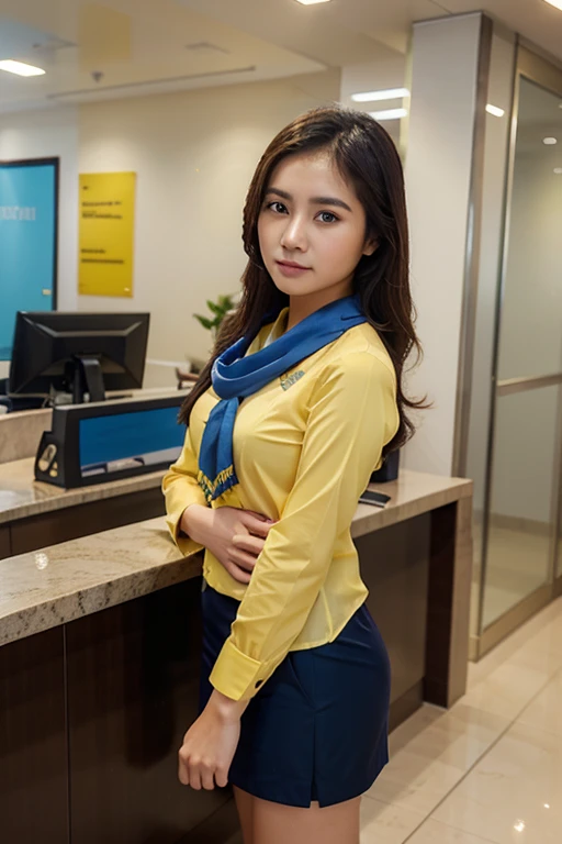 cb bank staff myanmar tranditional girl uniform ,that is fit and elegant yellow blouse ,blue scarf ,blue cote and fit long blue longyi reality from head to feet