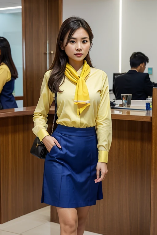 cb bank staff myanmar tranditional girl uniform ,that is fit and elegant yellow blouse ,blue scarf ,blue cote and fit long blue longyi reality from head to feet