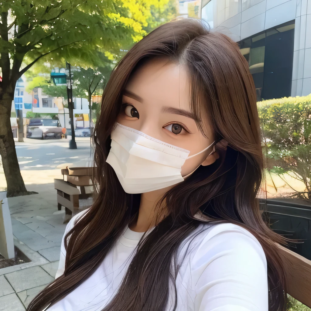 (Daytime, need, 8k, Masterpiece:1.3)), One girl,smile,whole body, Long legs, focal distance:1.2, Perfect body beauty:1.4, Slim Abs:1.1, ((Dark brown hair, Big big boobs:1.2 )), (White tight T-shirt, Are standing:1.2), ((City, Outdoor:1.3)), Highly detailed face and skin texture, Detailed eyes, Double eyelids Cute girl Attractive face 16 years old Long brown hair Mouth mask