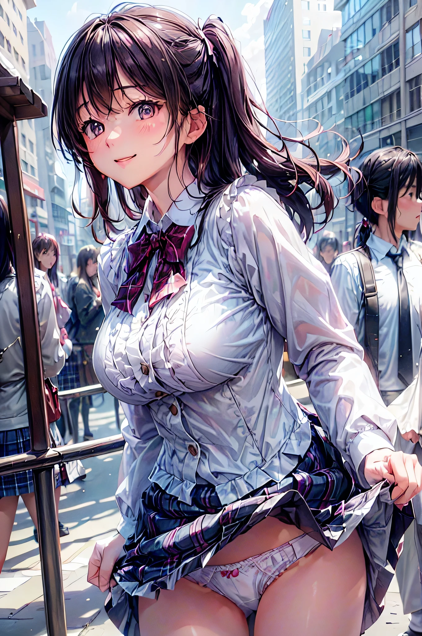 Very cute and beautiful girl、(Very detailedな美しい顔と目: 1.2)、(smile)、blush、Cowboy Shots、(White blouse with detailed ruffles)、Long Sleeve BREAK Standing、(Skirt lifted、White panties:1.5)、Dynamic Angle、Hair Ribbon、Black Hair、(Scarlet plaid mini skirt) 、Big city streets、break、Between buildings、crowd、(highest quality、masterpiece:1.2)、Disorganized、High resolution、Super detailed、Very detailed、32k、8k resolution、Intricate detailovie scenes、Detailed Background、solo、Dynamic Angle、