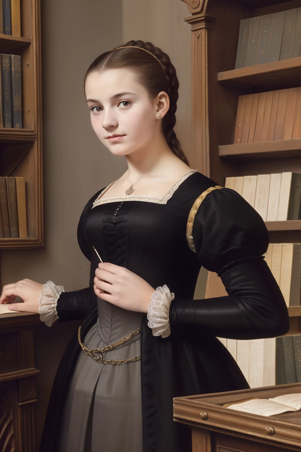 Paris, 1560. A young ((((19-year-old)) Sylvie Palot)), courageous, resilient, determined, in a book store, book seller, ((sad and scared expression)), ((((simple clothings from the 1560s)))), ((dark hairstyle of the 1560s)), colorful, realistic