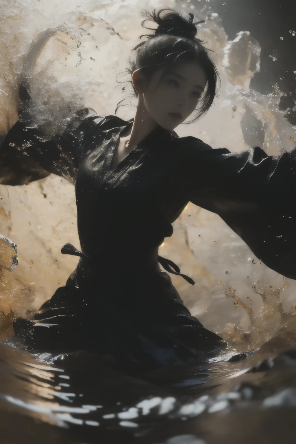 Ultra-high resolution, ((masterpiece))), (((best quality))), ((Ultra Detailed)),  ((Extremely refined)),Movie Lighting, Detailed environment(real), Motion Blur, Depth of Field,
1 girl,Solitary,Hair Bun,single Hair Bun,Black Hair,
Wide sleeves, Stretch out your arms, Fighting Stance,
(splash:1.2),
