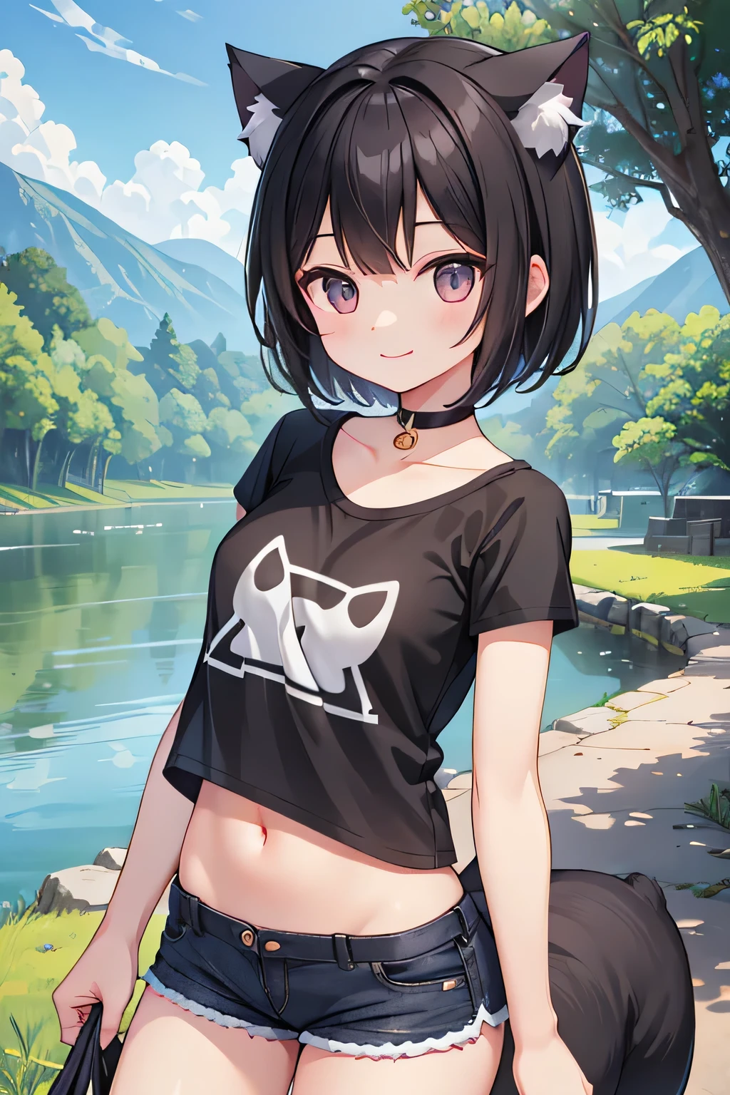 highest quality、smile、Small breasts、Cat ear、Black Hair、short hair、Cropped T-shirt、Shorts、Riverbank