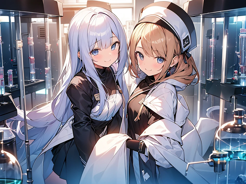 (( gently smile, girls surrounding viewer, laboratory background, science fiction, )), (( fulfilled girls, )), (ultra close distance front face shot),