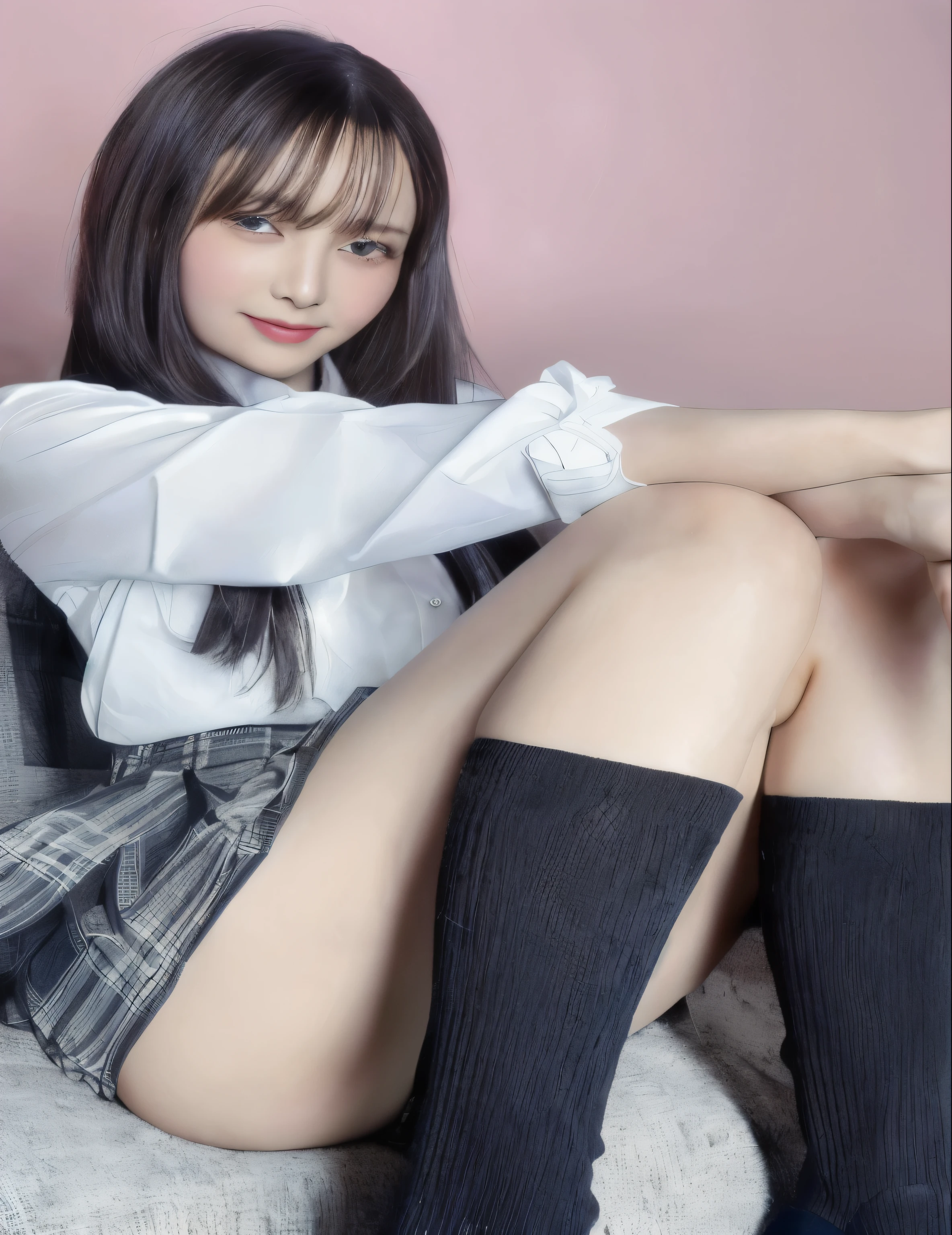 A woman in her 50s sitting cross-legged on the sofa, Beautiful face with arms and legs, a hyperRealistic , Wearing a skirt and knee-high socks, hyperRealistic , Cute school girl, Knee socks and skirt, Japanese girls uniform, Realistic , Korean Girls, japanese , Smooth white tight clothing suit, Acquiring Japanese