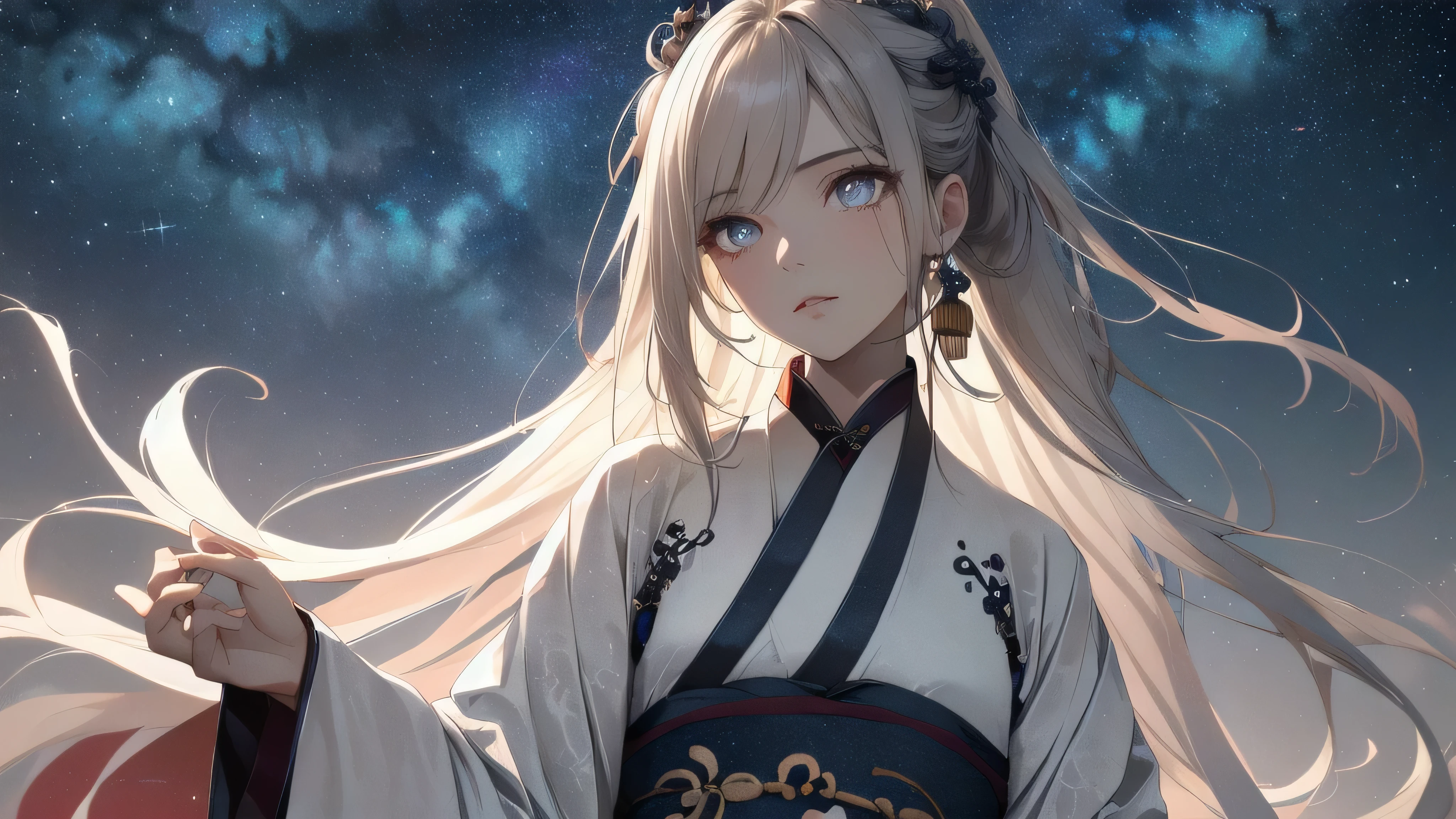 ponytail, qixi, (masterpiece, best quality:1.2), 8k, 85mm, absurdres, celestial maiden, midnight, stone, rocks, (gradient color, luxurious long hanfu dress, starry sky in dress:1.7), nebula, particle, darkness, (white long hair:1.6), long sleeve, oriental hair accessories, (lonely, sad:0.8), dutch angle, cowboy shot, outdoor, teen, cinematic shadow, sharp focus, highres, photography, realistic, highest detailed, extreme detailed, ultra detailed, finely detail, detailed eyes and face, sharp pupils, realistic pupils