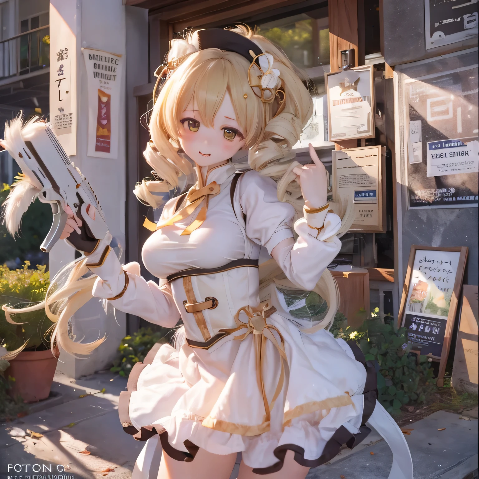 (best quality,ultra-detailed,realistic:1.37),beautiful detailed eyes,perfect complexion,radiant smile,magical girl Mami Tomoe from Puella Magi Madoka Magica,alluringly posing with her gun,teasing expression,flawless 30-year-old face,plump lips,voluptuous derriere
(wearing a dress), (additional details)
A photo with an ultra-high resolution demonstrates the realism by displaying intricate details.