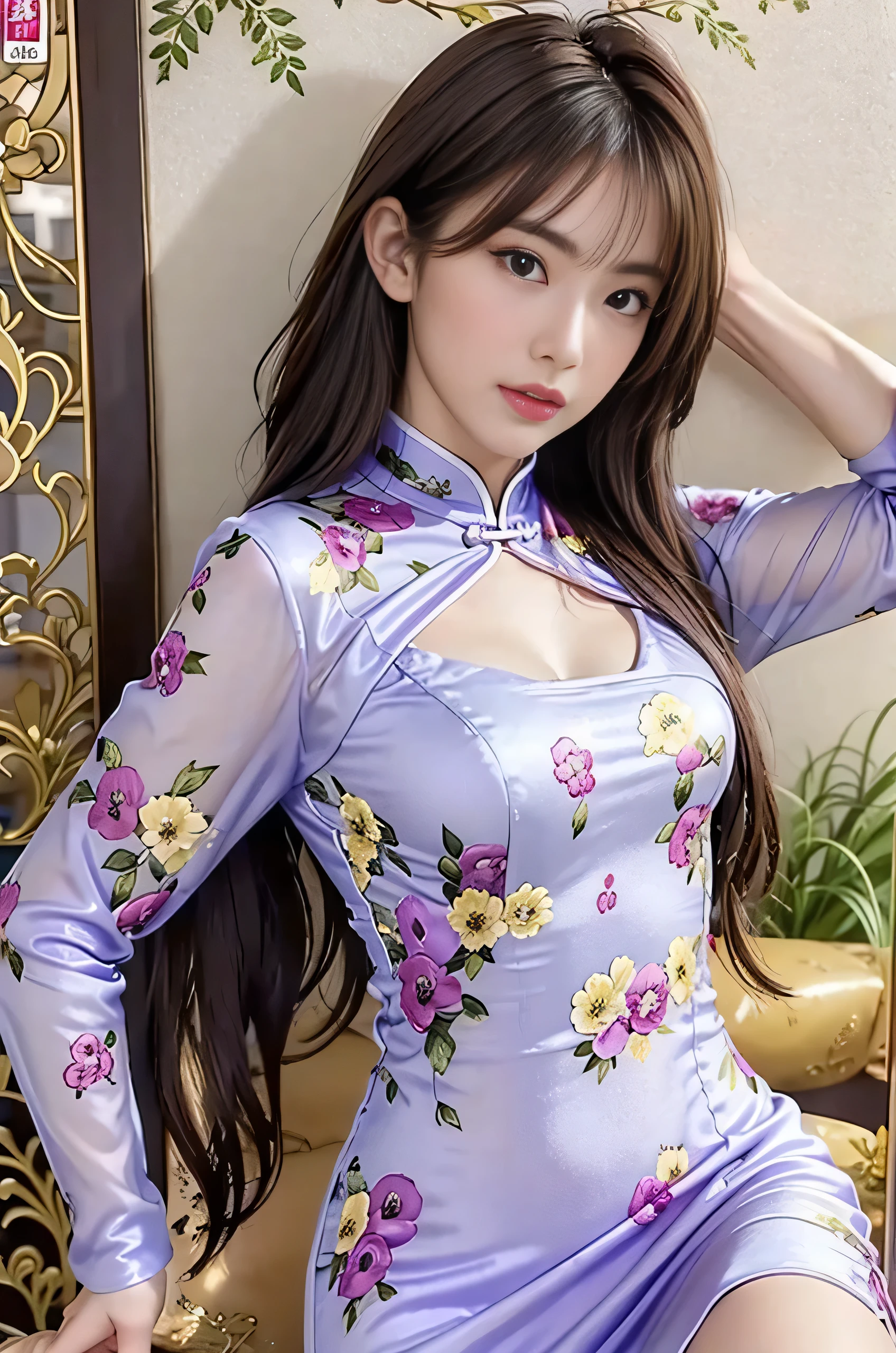 (Tabletop:1.0), (highest quality:1.4), (High resolution:1.2), (Realistic:1.4),(From below:1.5), (8k, RAW Photos:1.2), (Soft Focus:1.4), She is wearing a Chinese dress, She is wearing a Chinese dress ,(Translucent lavender cheongsam print floral pattern:1.4), Slime Skin, Smooth and tight , Beautiful Skin, Translucent body, Matte Dresses, Skin-tight gloves,Bob Hair, Gal Makeup, Japanese Goddess, Glowing Skin, Gorgeous Japanese Model, Detailed Background, bangs, ((Long Hair)), Lavender Chinese dress