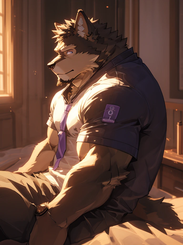 (masterpiece),(best quality),(Ultra-clear picture quality),German Shepherd Orc(male),Big muscles,Hairy hair all over the body,Starry purple eyes,Black eyelashes,beautiful eyes,White casual sweatshirt,Beige casual shorts,Wearing a watch,Handsome wolf,giggle,Half lying on the white leather sofa,Upper side view whole body,There is light behind it,In a cozy little house,Golden Sunshine,(Light and shadow masterpiece),(dynamic picture)