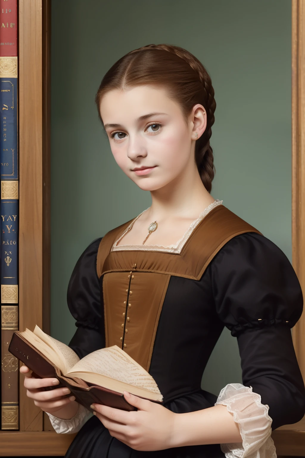 Paris, 1560. A young ((((19-year-old)) Sylvie Palot)), courageous, resilient, determined, in a book store, book seller, ((sad and scared expression)), ((((simple clothings from the 1560s)))), ((brunette hairstyle of the 1560s)), colorful, realistic