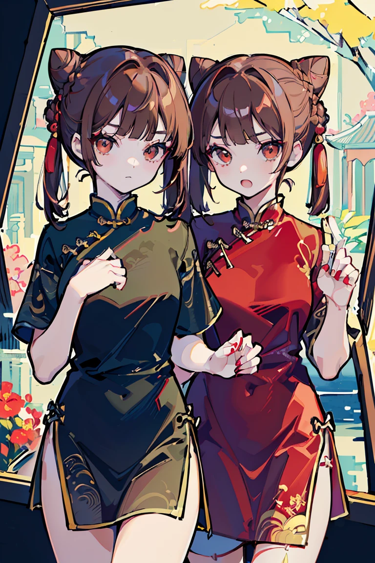 ((twins)), cute女の子, cute,((China dress)),Closed chest, Sisters, Two people dressed in red and black, challenging, Bullish expression, Shorts,((Very detailed,highest quality, High resolution, 8k wallpaper, Beautiful clothes)),((Brown Hair, Shortcuts,Chinese style bun hair, ((Asymmetrical bangs)) ,(Light brown eyes),eye shadow, eyeliner,Glow Eye, 16-year-old girl, Romanticism, modern art, Impressionism, reflected light, 8k, masterpiece, Advanced Details, highest quality, Accurate anatomy, Five Fingers