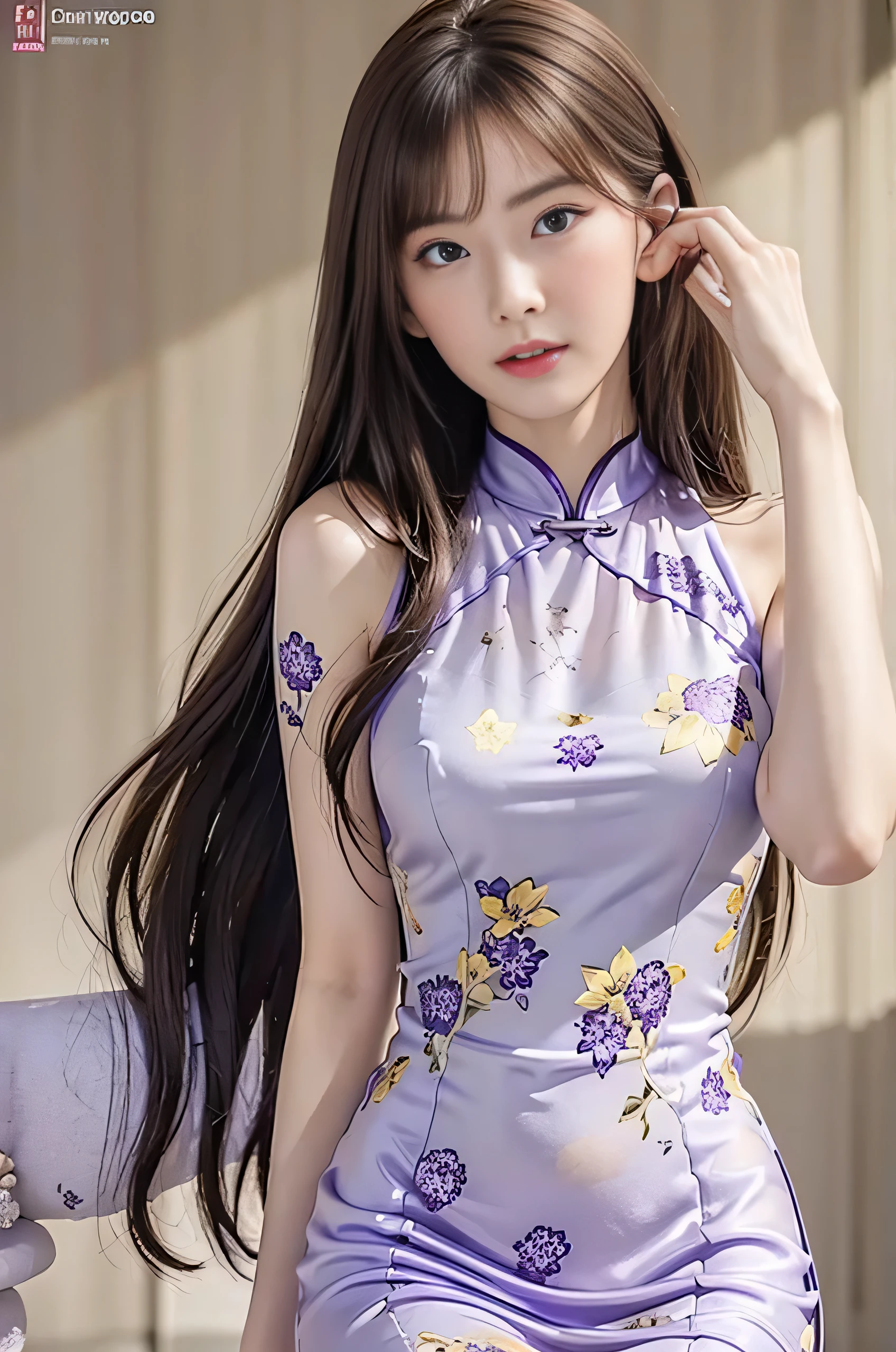 (Tabletop:1.0), (highest quality:1.4), (High resolution:1.2), (Realistic:1.4),(From below:1.5), (8k, RAW Photos:1.2), (Soft Focus:1.4), She is wearing a Chinese dress, She is wearing a Chinese dress ,(Translucent lavender cheongsam print floral pattern:1.4), Slime Skin, Smooth and tight , Beautiful Skin, Translucent body, Matte Dresses, Skin-tight gloves,Bob Hair, Gal Makeup, Japanese Goddess, Glowing Skin, Gorgeous Japanese Model, Detailed Background, bangs, ((Long Hair)), Lavender Chinese dress