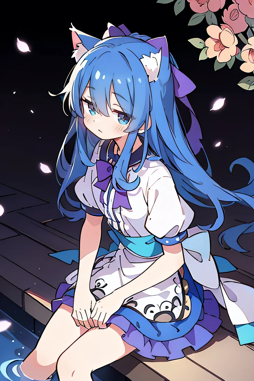 (masterpiece:1.2),ultra-detailed,realistic,expressive eyes,fair-skinned,perfectly shaped face,1girl,
Japanese cartoons,Gorgeous blue hair, flowing blue hair,floating clothes,cat ears,petals falling,beautiful Lola,Hina Angel,
hands on waist,gracefully sitting on the ground,legs crossed,gentle and serene background,cool and comfortable pavilion,shy face ,night .