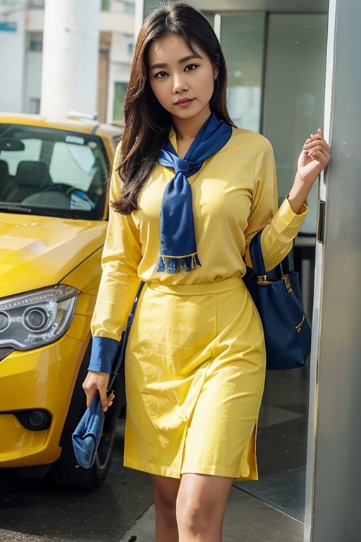 cb bank staff myanmar tranditional girl uniform ,that is fit and elegant yellow blouse ,blue scarf ,blue cote and fit long blue longyi reality from head to feet
