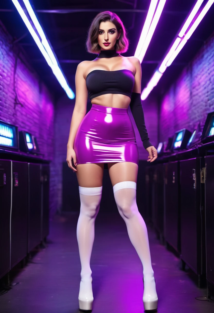 (Anastasia UC), blonde pigtails, (thin tight sexy minidress):1.3, (platform heel boots):1.3, sexy standing pose, ((BALLROOM THEME)), (detailed chest with nips), (detailed crotch with vulva), vibrant colorful lighting, DSLR, 4k, 8k, cinematic, HDR lighting