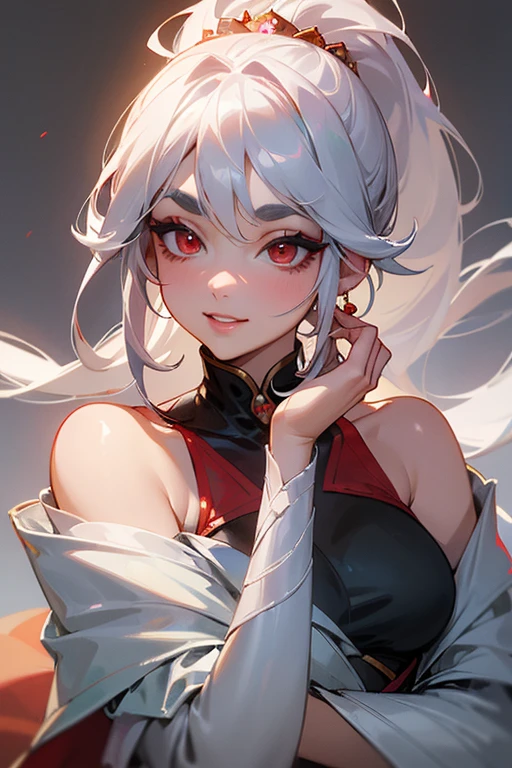 (highest quality, masterpiece:1.2), High resolution, Very detailed, Realistic:1.37, Fantasy, An illustration,Gray Hair、 Red eyes、Queen, White Dress、Platinum decoration、beautifully、Eyeshadow Red、Thick eyebrows、Long eyelashes、pupils are black、shiny on the lips、Top Sites、Queen、Princess、ponytail、A kind smile、Show your teeth a little and smile、Soft impression、people々々々々々々々Loved by、Slimming the face、Shoulder Bare、sexy、