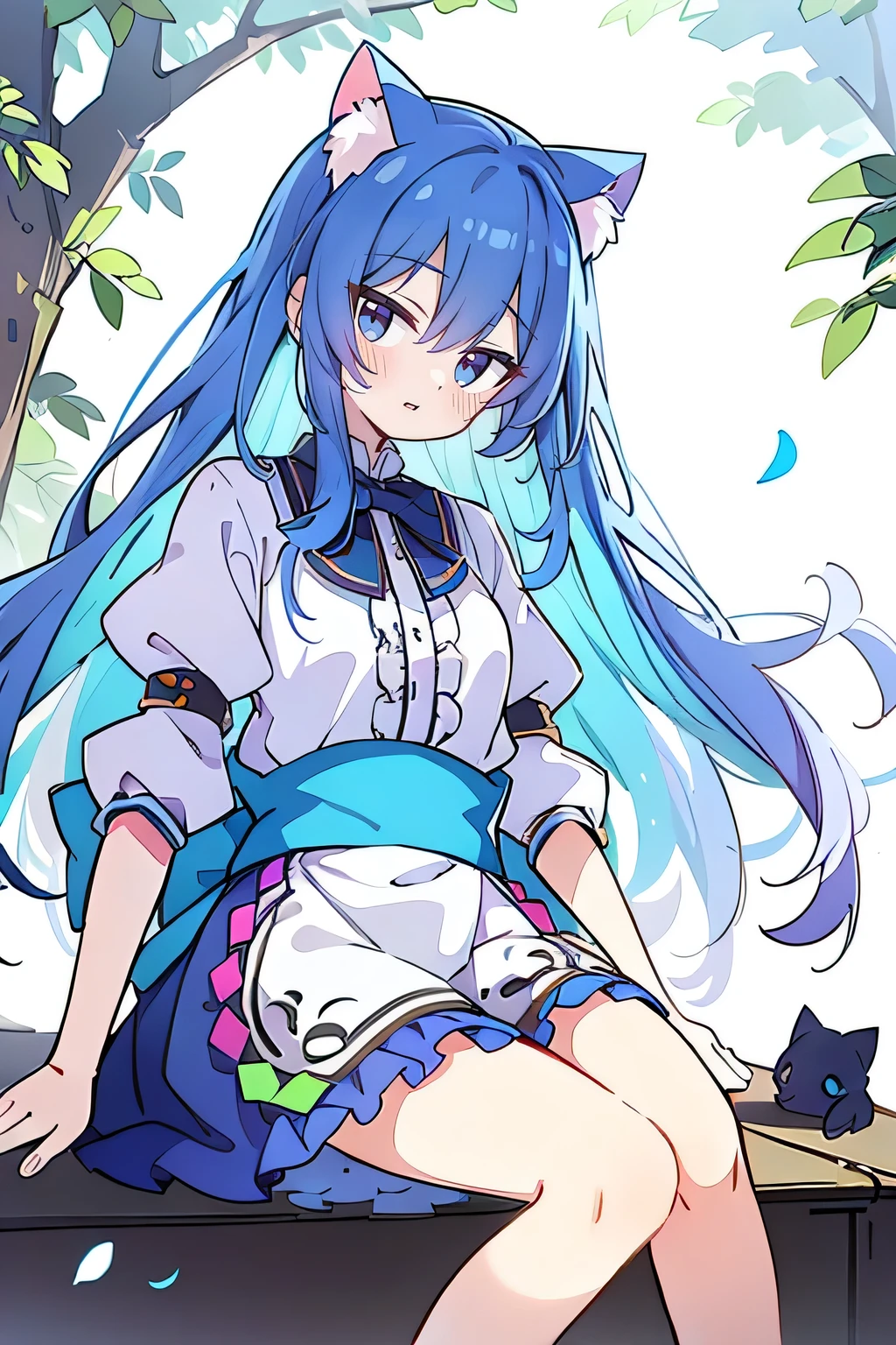 (masterpiece:1.2),ultra-detailed,realistic,expressive eyes,fair-skinned,perfectly shaped face,1girl,
Japanese cartoons,Gorgeous blue hair, flowing blue hair,floating clothes,cat ears,petals falling,beautiful Lola,Hina Angel,
hands on waist,gracefully sitting on the ground,legs crossed,gentle and serene background,cool and comfortable pavilion,shy face ,night .