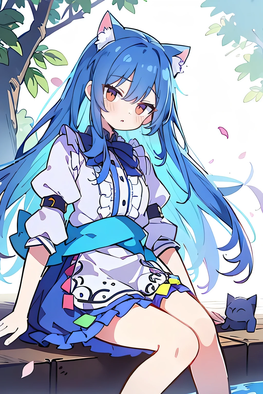 (masterpiece:1.2),ultra-detailed,realistic,expressive eyes,fair-skinned,perfectly shaped face,1girl,
Japanese cartoons,Gorgeous blue hair, flowing blue hair,floating clothes,cat ears,petals falling,beautiful Lola,Hina Angel,
hands on waist,gracefully sitting on the ground,legs crossed,gentle and serene background,cool and comfortable pavilion,shy face ,night .