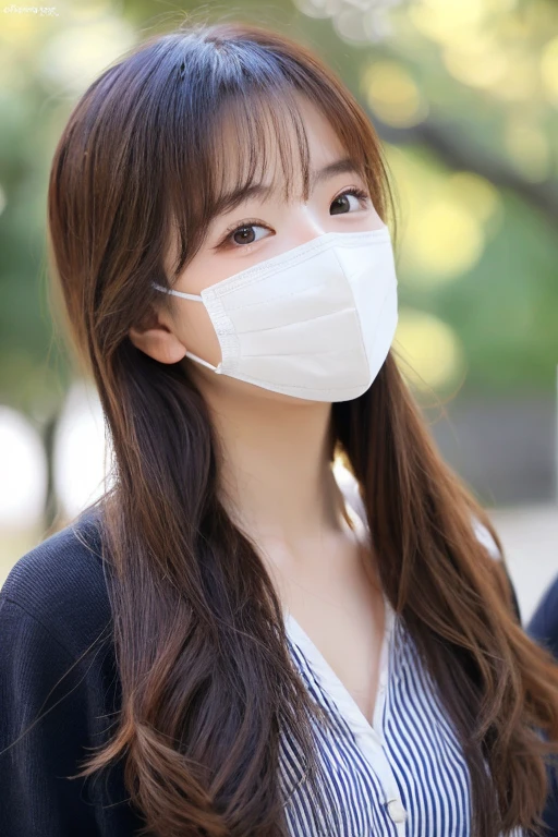 masterpiece, Best image quality, high quality, Beautiful girls, Japan語, Japan , Popular Korean makeup,Virgin Killer Sweater、 detailed, Swollen eyes, detailedな目, detailedな肌, Beautiful skins, Bright sunlight、Professional Certification、超A high resolution, (reality:1.4), Very very beautiful, A little younger face, Beautiful skins, thin, (超reality的な), (High resolution), (8k), (Beautiful and detailed eyes), (detailedな顔), Looking at the audience, 細かくdetailedに、detailedな顔、Pure Erotic Face Ace_v1、Laughter、Look straight ahead、From the waist up, your body appears straight、Photo Real 、Brown long hair、Mouth mask、Selfie
