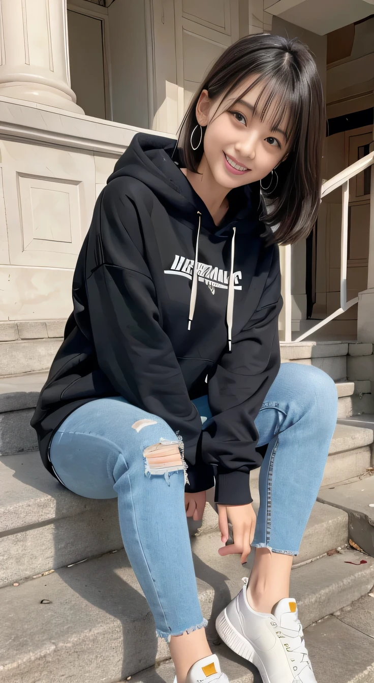 highest quality, Realistic, Very detailed, Finer details, High resolution, 8k wallpaper, One beautiful woman,Sit on the stairs、(Wear black socks)smile、(Beautiful teeth alignment、)(Gums are visible) Oversized hoodie, Skinny jeans,( Black sneakers)、Black Hair、 Beautiful Bangs、ear piercing、Perfect dynamic composition, Beautiful and detailed, Full Body Shot, A big smile Wearing colorful socks