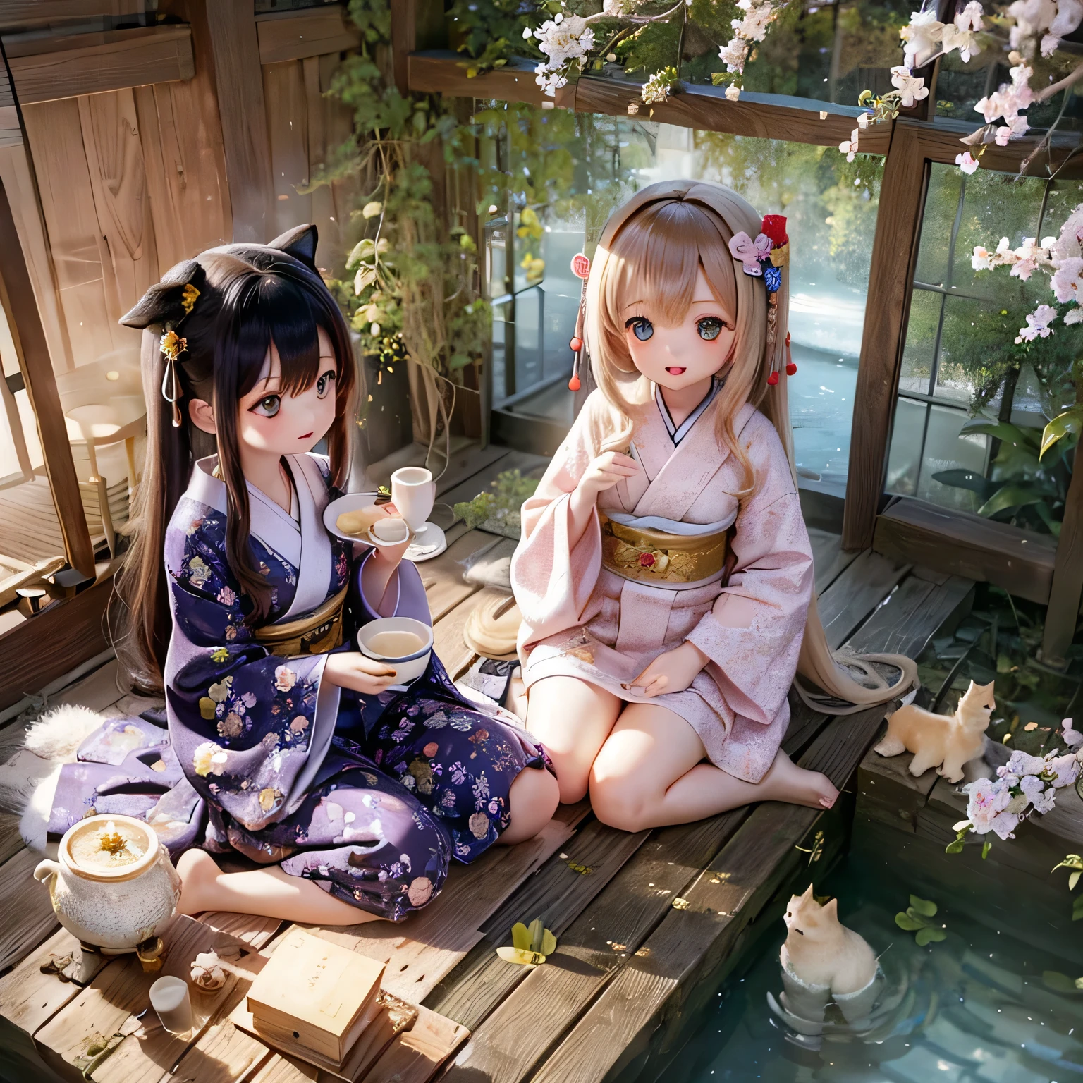 (best quality,4k,8k,highres,masterpiece:1.2),ultra-detailed,realistic,portraits,shiba inu girls chibi,traditional,peaceful,beautiful detailed eyes,beautiful detailed lips,soft and fluffy fur,girls in colorful yukatas,enjoying a relaxing time at a hot spring inn,tranquil atmosphere,traditional Japanese tatami room,floor-to-ceiling windows overlooking a picturesque garden,steamy hot spring water,decorative lanterns,lovely flower arrangements,delicate kimonos with intricate patterns,gentle steam rising from the onsen,serene smiles,twinkling stars in the night sky,magical cherry blossom trees in full bloom,painting-like scenery,soft pastel color palette,warm and cozy lighting,quiet and soothing ambiance,lovely shiba inus in chibi style,playful poses,cute accessories like bows and ribbons,lively expressions,relaxed and carefree atmosphere,refreshing green tea cups on a low table,sweet aroma of freshly brewed tea,gentle sound of flowing water from a nearby waterfall,subtle chirping of birds,serenity and bliss.