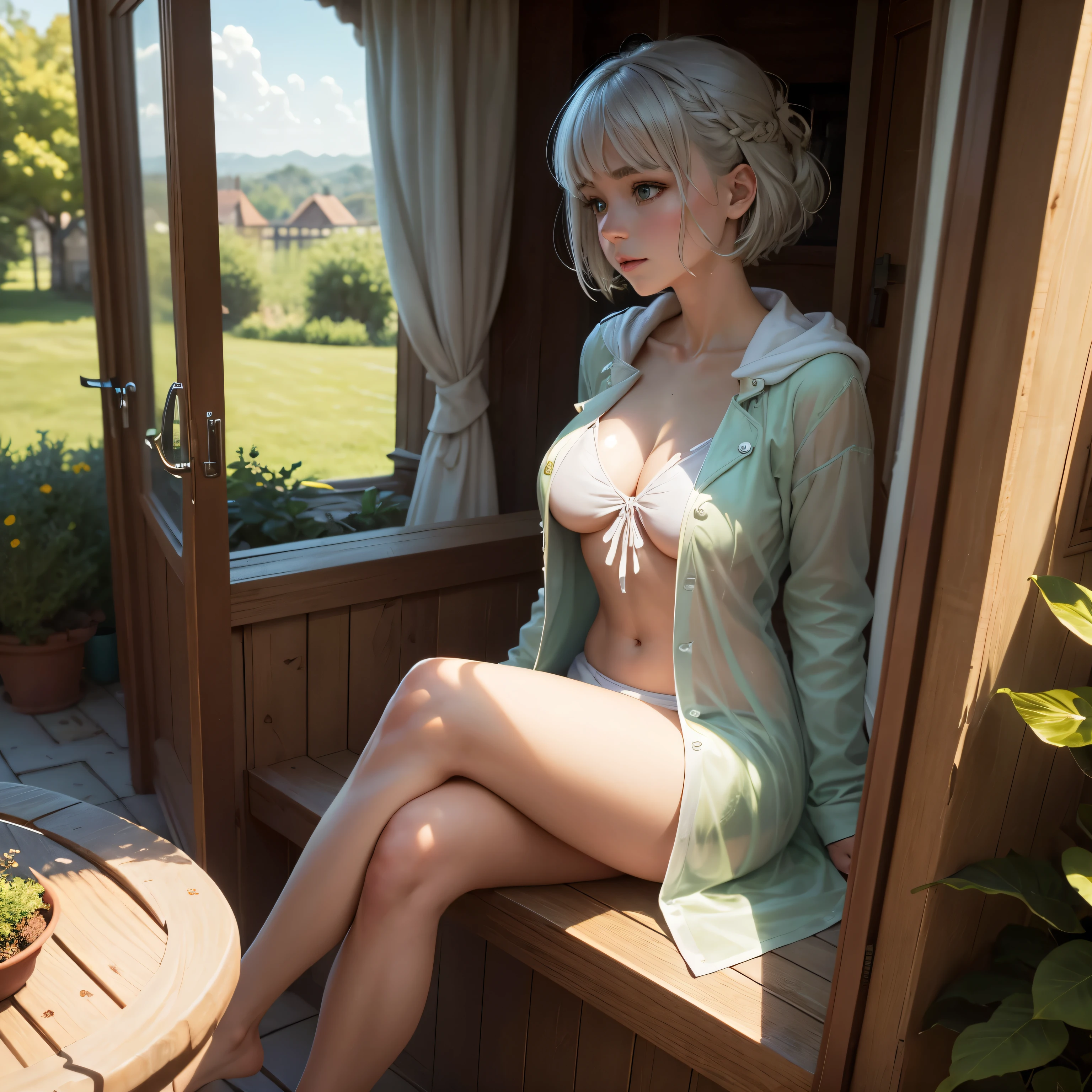 masterpiece, highest quality,Very detailed,Hyper Details, cinematic Light,, One girl, alone, sit, Outdoor, Summer House, sitting in the Summer House,  plant, table, chandelier, Candles, Wind, Green Eyes, Pan Green Silver Hair, short hair, Floating Hair, Light, Light frown, profile,View your viewers, dynamic_angle,The see-through happi coat is unbuttoned,nude