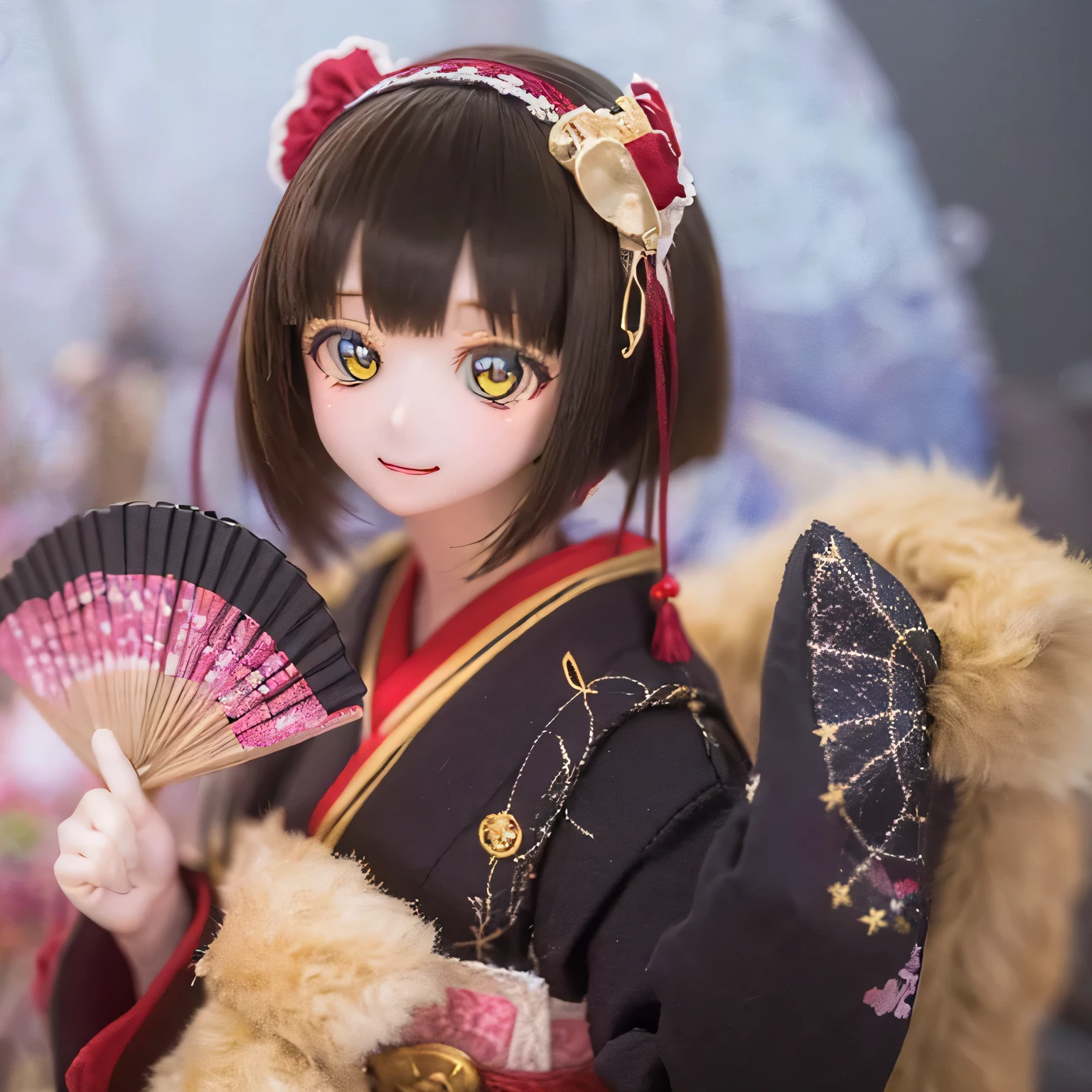 (highest quality,High resolution,masterpiece:1.2),Very detailed,Realistic,(Mio in a kimono,Beautiful fine details,Beautiful lip detail,Very detailed目と顔,Long eyelashes),Traditional Japanese,geisha,hairpin,Delicate embroidery,Floral,Sleeves flow,harmonious colors,Soft lighting、Smiling face holding a folding fan