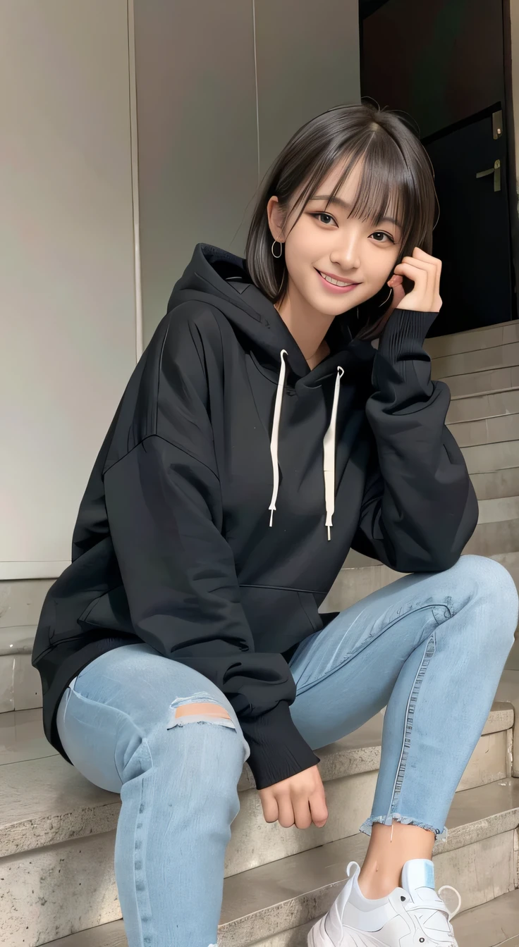 highest quality, Realistic, Very detailed, Finer details, High resolution, 8k wallpaper, One beautiful woman,Sit on the stairs、(Wear black socks)smile、(Beautiful teeth alignment、)(Gums are visible) Oversized hoodie, Skinny jeans,( Black sneakers)、Black Hair、 Beautiful Bangs、ear piercing、Perfect dynamic composition, Beautiful and detailed, Full Body Shot, A big smile