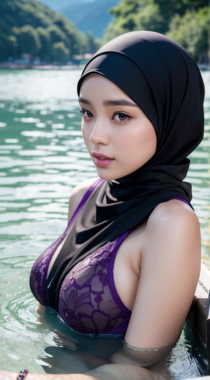 Beautiful fair skin matured malaysia girl in hijab, mountain lake, seductive innocent sexy face, 25 years old, sitting pose on lake water, (take a bath), (swimming), ultra detail face, detail skin texture and wrinkle, mountain scenery background, wearing hijab, light purple color hijab, wear lilac lace florar pattern motive bra and panties , small breast, flat chest, wide waist, thick thighs, bright lighting, white lighting, dramatic lighting, high quality, cinematic movie shot angle and framing, wedding ring, wear bracelet and watch, seductive face, seductive lips, wet lips, wet body, seductive eyes, seductive position, hard nipple, front view shot, sexy body, kissing with young couple, exhibionist, public is seducing, public look at the girl, groped by young men from behind, sfw, wet body, wet hijab, water droplets in the whole body, playing o shallow water, splasing water