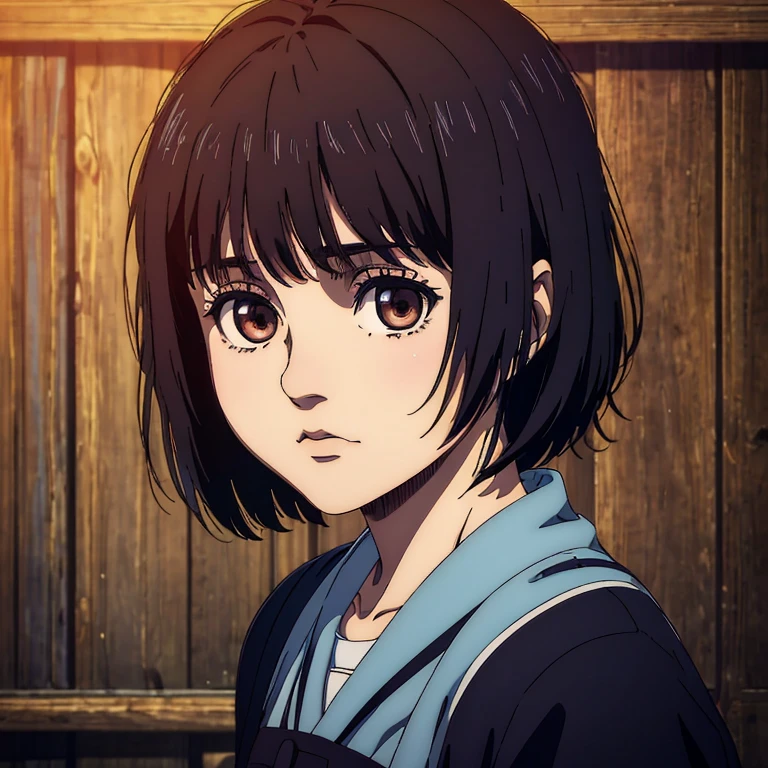 best quality, highres, masterpiece:1.2), ultra-detailed, (realistic, photorealistic, photo-realistic:1.37), 8 year old small  girl ,  Mappa art style, raven black short hair with bangs, brown eyes,  behind her a cabin , she is blue dress