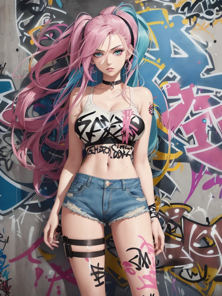 masterpiece, best quality, 25 years old beautiful woman, long hair, (mature face:1.4), 1woman, solo, crop top, denim shorts, choker, (graffiti:1.5), paint splatter, arms behind back, against wall, looking at viewer, armband, thigh strap, paint on body, head tilt, bored, multicolored hair (pink, blue), aqua eyes, headset