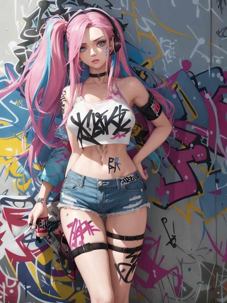 masterpiece, best quality, 25 years old beautiful woman, long hair, (mature face:1.4), 1woman, solo, crop top, denim shorts, choker, (graffiti:1.5), paint splatter, arms behind back, against wall, looking at viewer, armband, thigh strap, paint on body, head tilt, bored, multicolored hair (pink, blue), aqua eyes, headset