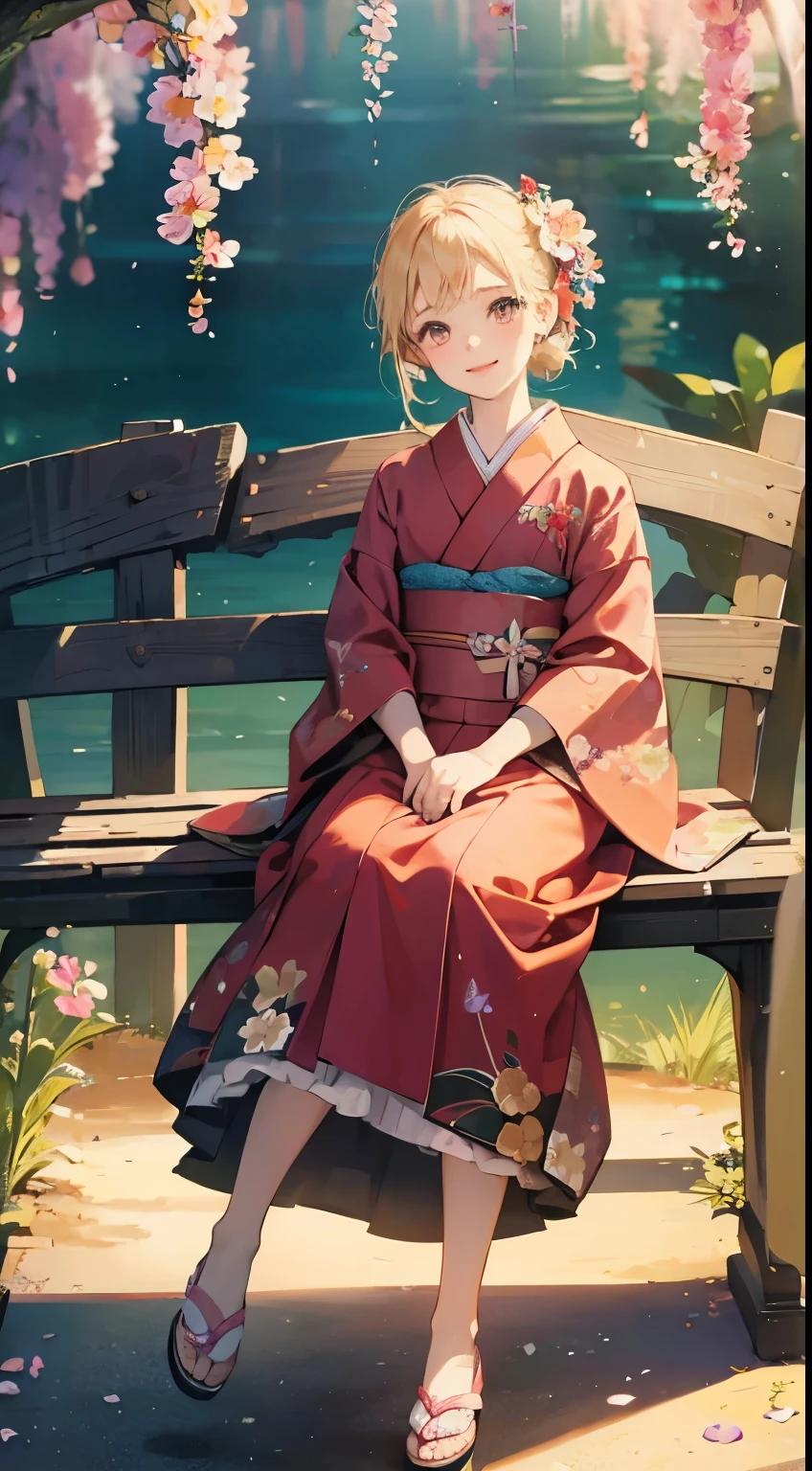 ((highest quality))、 ((masterpiece))、Matchmaking Photos、Floral、kimono、Stand in front of a photo 、Look up、Laughter、Flowers in the foreground、Strong bokeh、Cute Shoes、Sit on a chair、Bioluminescence、Shining Light