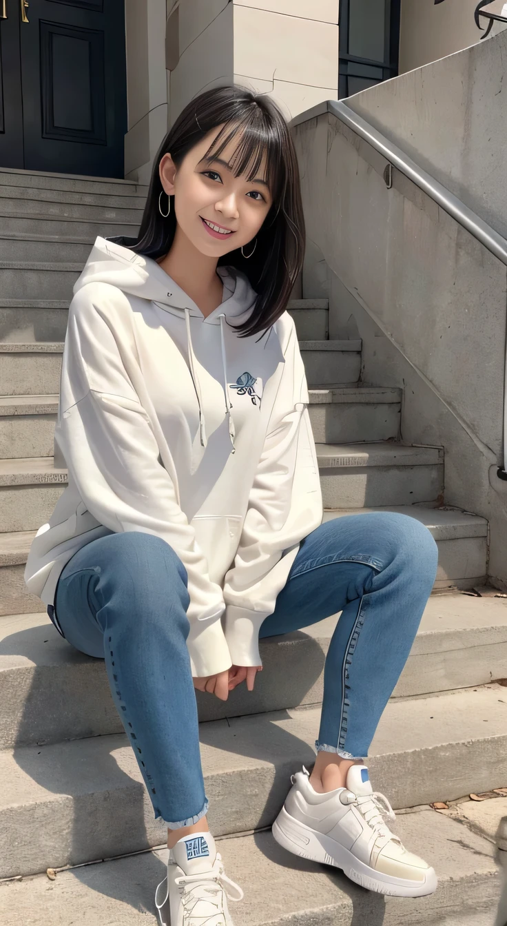 highest quality, Realistic, Very detailed, Finer details, High resolution, 8k wallpaper, One beautiful woman,Sit on the stairs、(Wear black socks)smile、(Beautiful teeth alignment、)(Gums are visible) Oversized hoodie, Skinny jeans,( Black sneakers)、Black Hair、 Beautiful Bangs、ear piercing、Perfect dynamic composition, Beautiful and detailed, Full Body Shot, A big smile