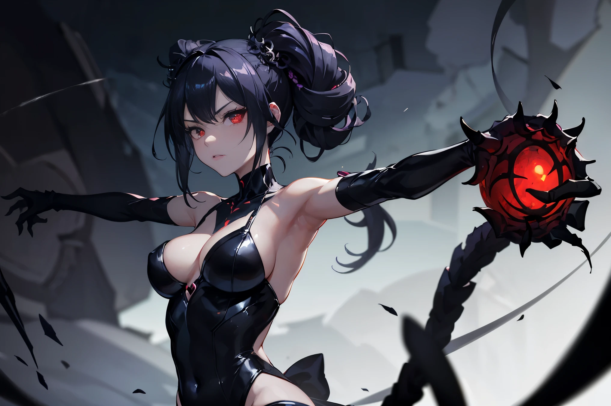Create a haunting illustration of a kunoichi with a spider-like appearance, possessing four arms and darkened skin. Picture her with an eerie countenance, her eyes glowing with a predatory gleam and a sinister aura enveloping her form. Emphasize her arachnid features, with sleek black skin and subtle spider-like markings crawling across her body. Showcase her four arms, each poised with lethal grace as she wields temari weapons with deadly precision. Let her stance exude a sense of primal power and predatory instinct, as she prepares to strike with ruthless efficiency. Capture the essence of her sinister presence as she lurks in the shadows, a harbinger of doom to those who cross her path. Let the scene evoke a feeling of unease and trepidation, drawing viewers into the dark and perilous world of this arachnid kunoichi.