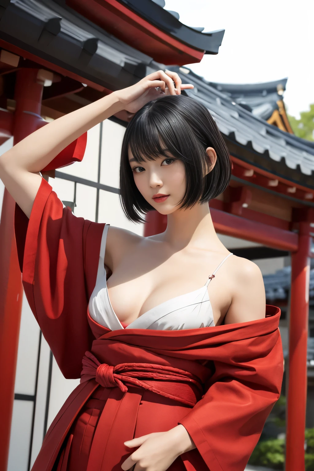 Masterpiece、highest quality、Woman 1、Long-limbed woman、Photo realistic、Super detailed、Gravure idol　Black Hair、short hair、Straight Hair　Red Hakama、Shrine Maiden&#39;s Clothing、White kimono、geta　Cleavage、see through、bra　Gravure pose　shrine