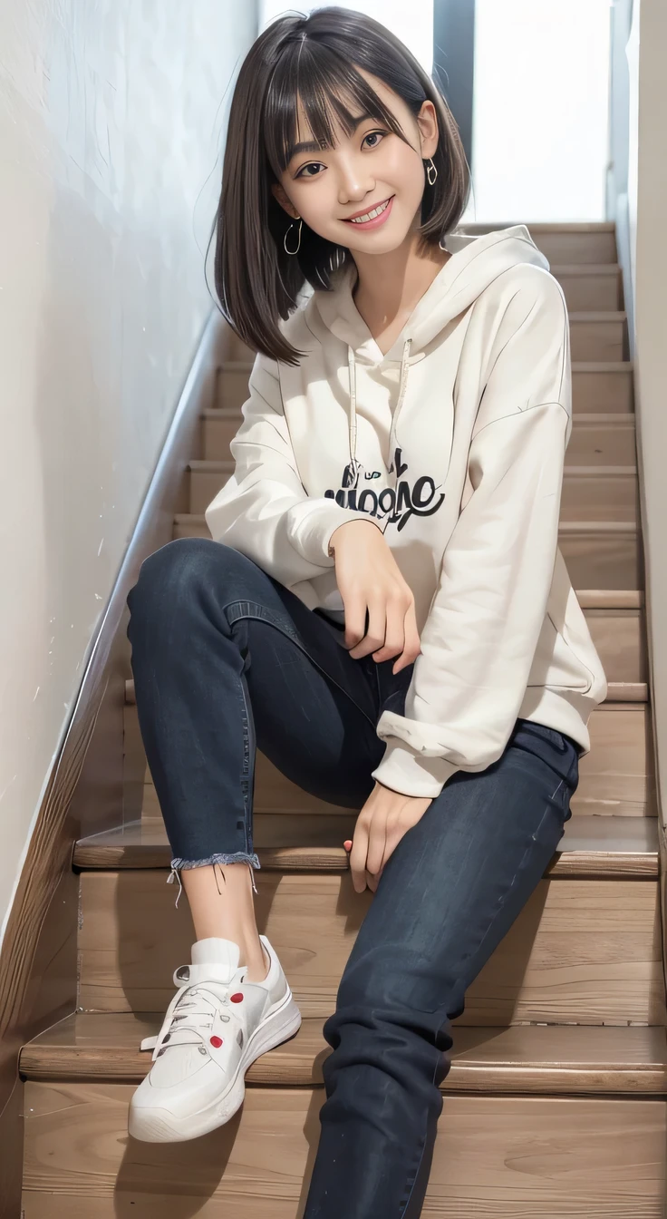 highest quality, Realistic, Very detailed, Finer details, High resolution, 8k wallpaper, One beautiful woman,Sit on the stairs、(Wear black socks)smile、(Beautiful teeth alignment、)(Gums are visible) Oversized hoodie, Skinny jeans,( Black sneakers)、Black Hair、 Beautiful Bangs、ear piercing、Perfect dynamic composition, Beautiful and detailed, Full Body Shot, A big smile