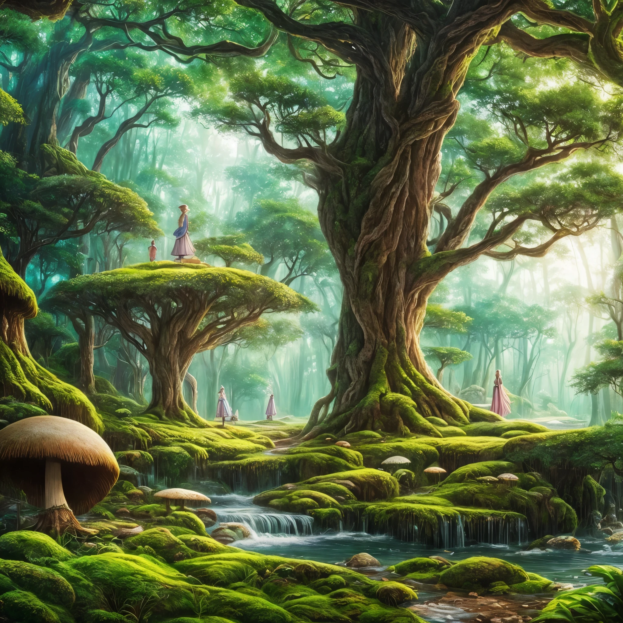 (masterpiece, 最high quality, high quality, Highly detailed CG Unity 8k wallpaper), Mysterious and enchanting scenery of a fantastic forest, Towering Tree々, Glowing mushrooms and hidden fairies, Creates a sense of mystery and fascination, Warm colors, Art Style, oil, High resolution, Rich in detail and emotion, Increased depth and depth, Blurred depth of field, Soft colors, Detailed Texture, A wonderful work of art, Art on the road. --automatic