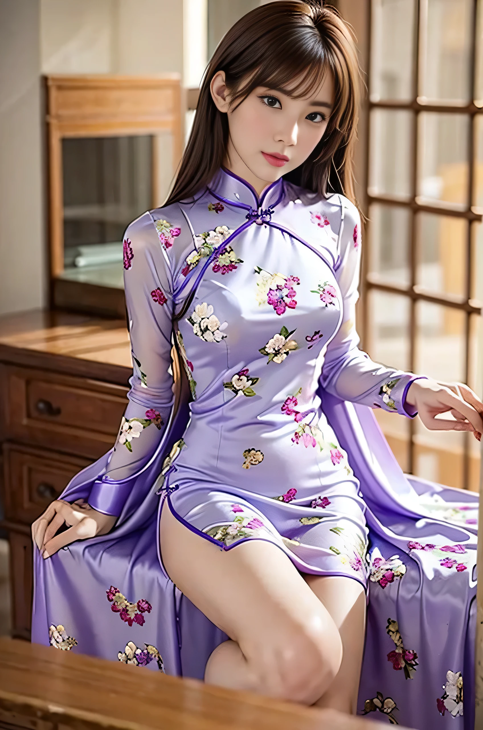 (Tabletop:1.0), (highest quality:1.4), (High resolution:1.2), (Realistic:1.4),(From below:1.5), (8k, RAW Photos:1.2), (Soft Focus:1.4), She is wearing a Chinese dress, She is wearing a Chinese dress ,(Translucent lavender cheongsam print floral pattern:1.4), Slime Skin, Smooth and tight , Beautiful Skin, Translucent body, Matte Dresses, Skin-tight gloves,Bob Hair, Gal Makeup, Japanese Goddess, Glowing Skin, Gorgeous Japanese Model, Detailed Background, bangs, ((Long Hair)), Lavender Chinese dress