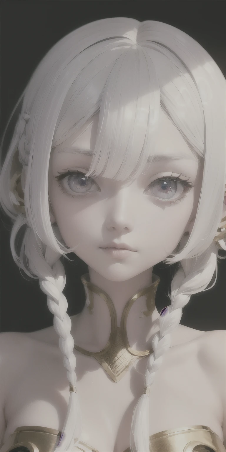 best quality, masterpiece, Unity 8k Wallpapers, white hair, gold eyes, white clothes, looking up, upper body, hair strand, Fair skin, side braids, Best Shadows、Rim lighting、side lights, Cinematic lighting:1.2