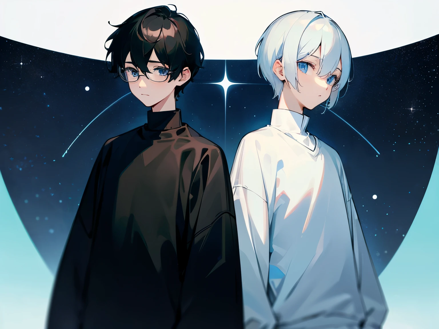 A photo of the upper body，Two boys A and B。AWhite hair，short hair，clear sky blue eyes，Wearing black thin square frame glasses，Wearing a plain white sweatshirt，Calm eyes，standing behind。B is a head taller than A，Black hair，short hair，Deep black eyes，Wearing a pure black sweatshirt，Deep and calm eyes，stand in front，Gaze。Starry sky background。A and B are facing the camera。A holds B&#39;s hand。AB都是short hair！！！！