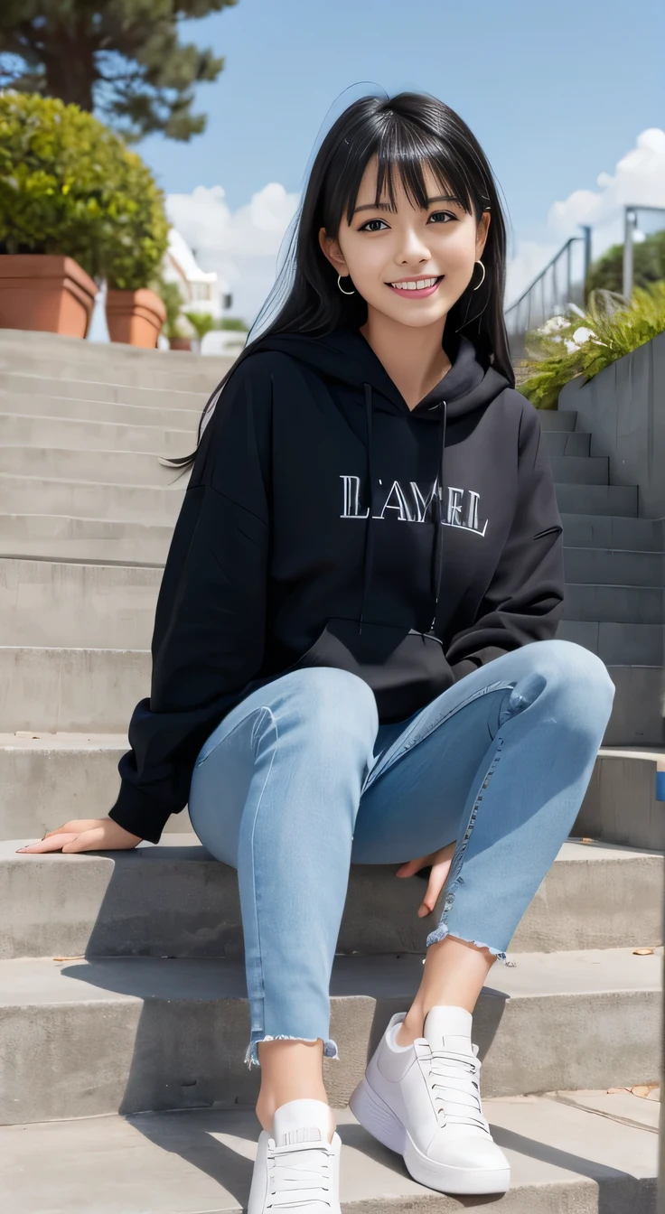 highest quality, Realistic, Very detailed, Finer details, High resolution, 8k wallpaper, One beautiful woman,Sit on the stairs、(Wear black socks)smile、(Beautiful teeth alignment、)(Gums are visible) Oversized hoodie, Skinny jeans,( Black sneakers)、Black Hair、 Beautiful Bangs、ear piercing、Perfect dynamic composition, Beautiful and detailed, Full Body Shot, A big smile