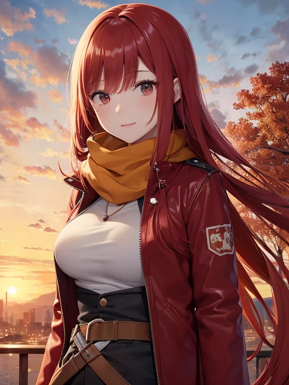 a 24-year-old girl with long red hair stands in an autumn jacket with a developing scarf, sunset, Wind, the trees are swaying, full height, big breasts, small waist, sexy