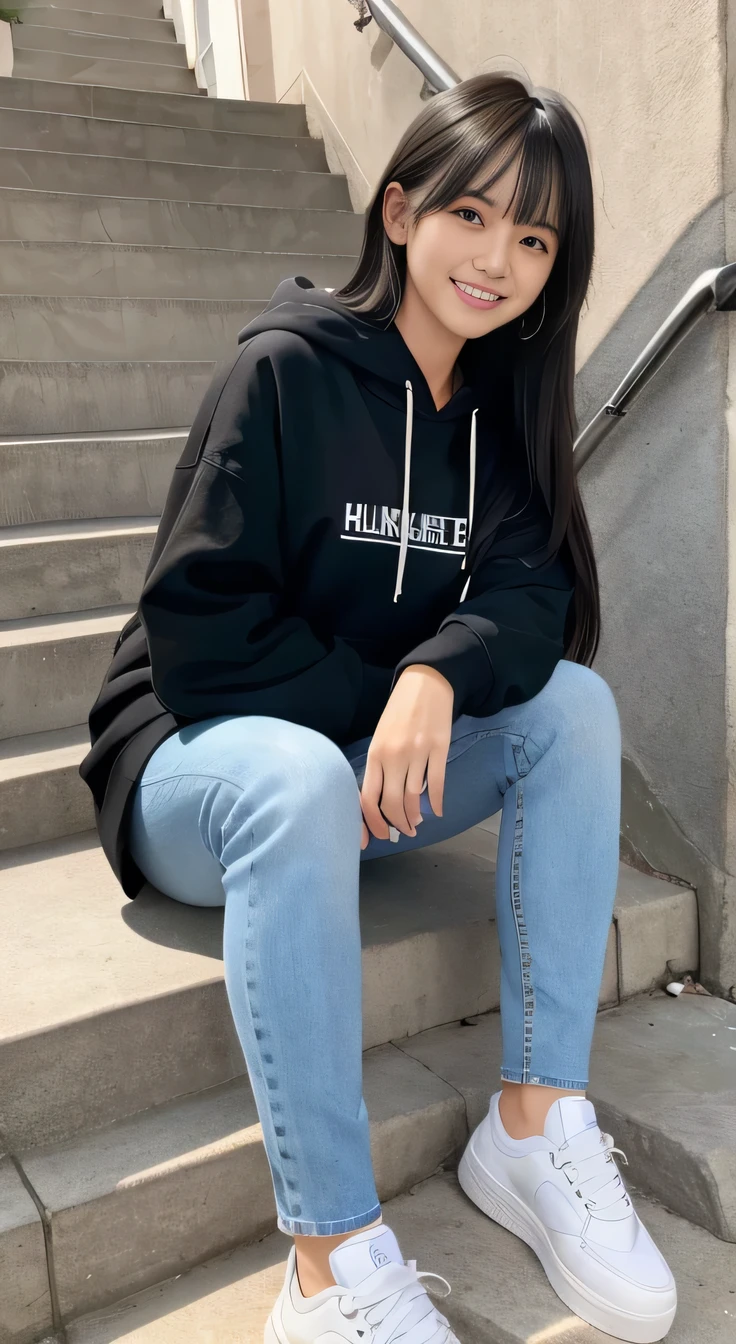 highest quality, Realistic, Very detailed, Finer details, High resolution, 8k wallpaper, One beautiful woman,Sit on the stairs、(Wear black socks)smile、(Beautiful teeth alignment、)(Gums are visible) Oversized hoodie, Skinny jeans,( Black sneakers)、Black Hair、 Beautiful Bangs、ear piercing、Perfect dynamic composition, Beautiful and detailed, Full Body Shot, A big smile
